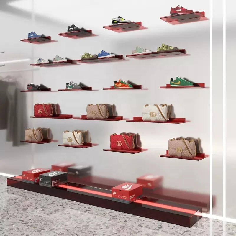 Custom Shop Design Shoe Display  Wall mounted Display Bag Retail Store Display Racks Counters for cosmetics acrylic cylinder