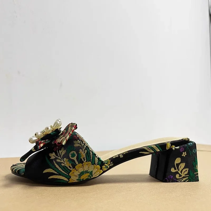 Gold Rhinestone Sandals Woman Open Toe Luxury Satin Pearl Flower High Heels Shoes Lady Fashion Wedding Slippers