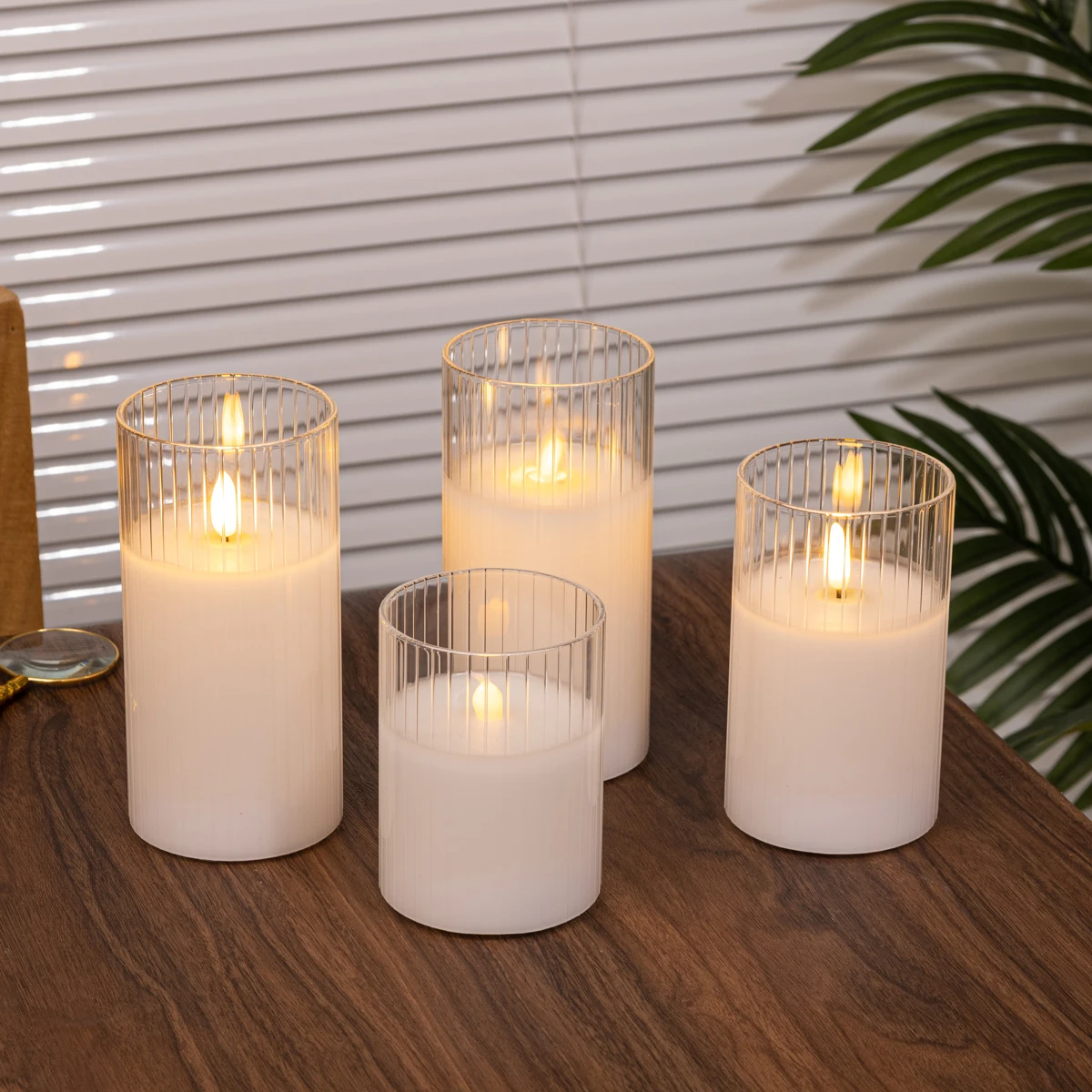 Striped Roman column Glass Jar Led Wax Candle Simulated Led Candle with Moving Wick Flameless for Romantic Wedding Decorative