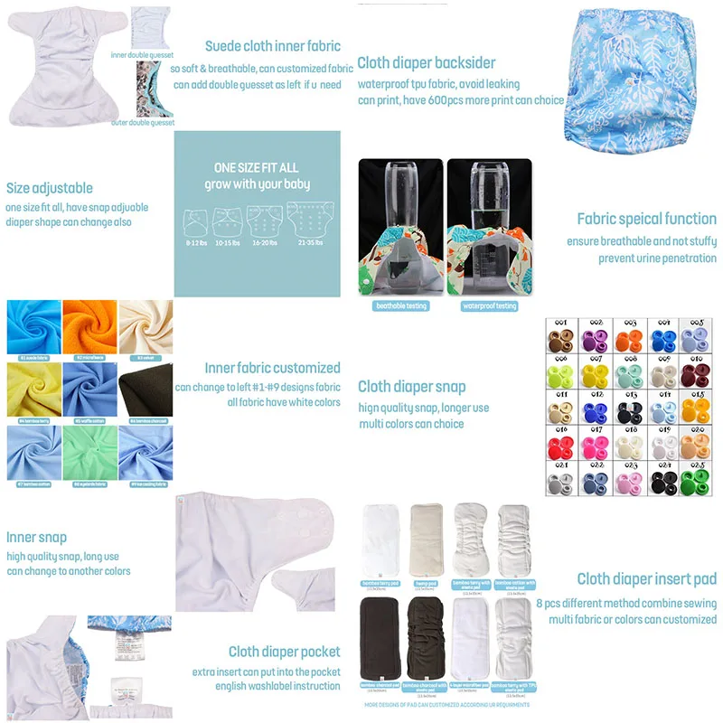 COLLABOR 15Colors AIO Reusable Organic Cotton Baby Cloth Diaper Nappy Custom Eco-friendly Baby Cloth Diapers One Size Adjustable