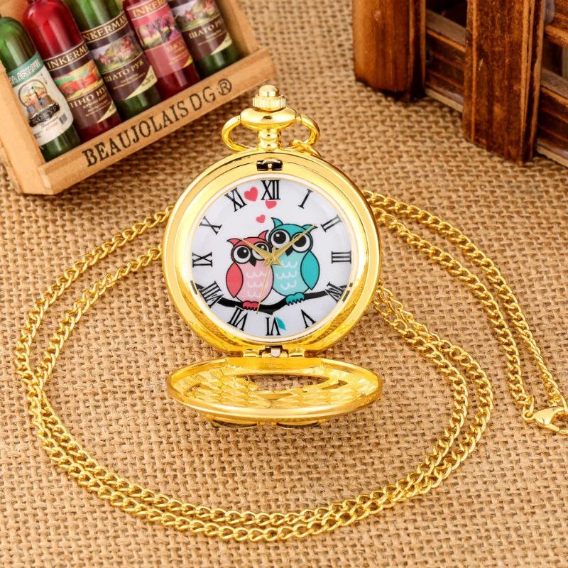 Charming Diamond-encrusted Luxury Owl Golden Handicraft Artwork Hollow Quartz Pocket Watch Necklace Sweater Pendant Chain Clock