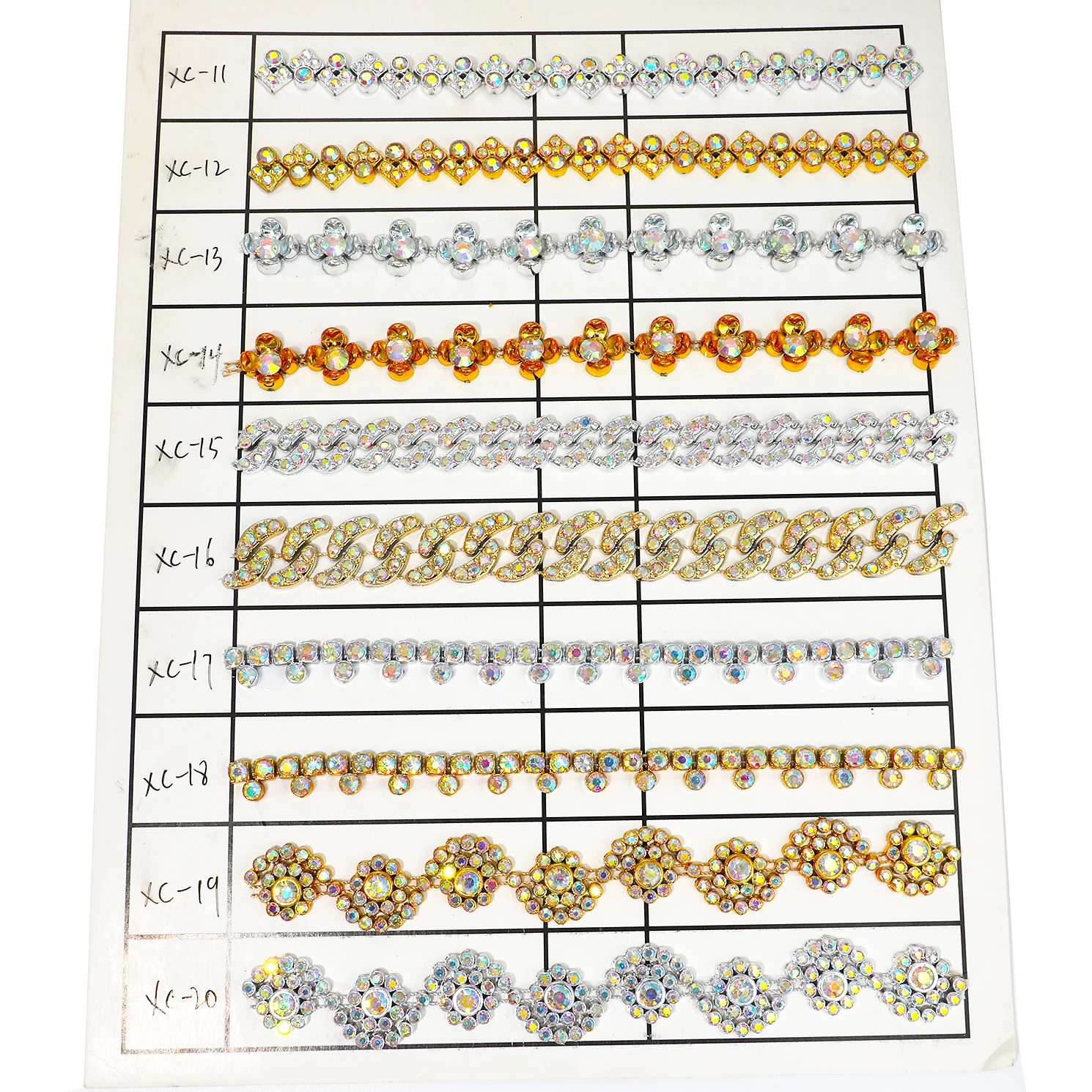 Gold Colorful Crystal Chain Trim Rainbow Rhinestone Fishbone Wedding Dress Applique Bridal Costume Decoration DIY Sewing Craft