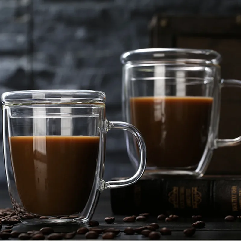 Hand Made Heat Resistant Borosilicate Glass Double Wall Coffee Cups Clear Coffee Mug Set with Handle and lid