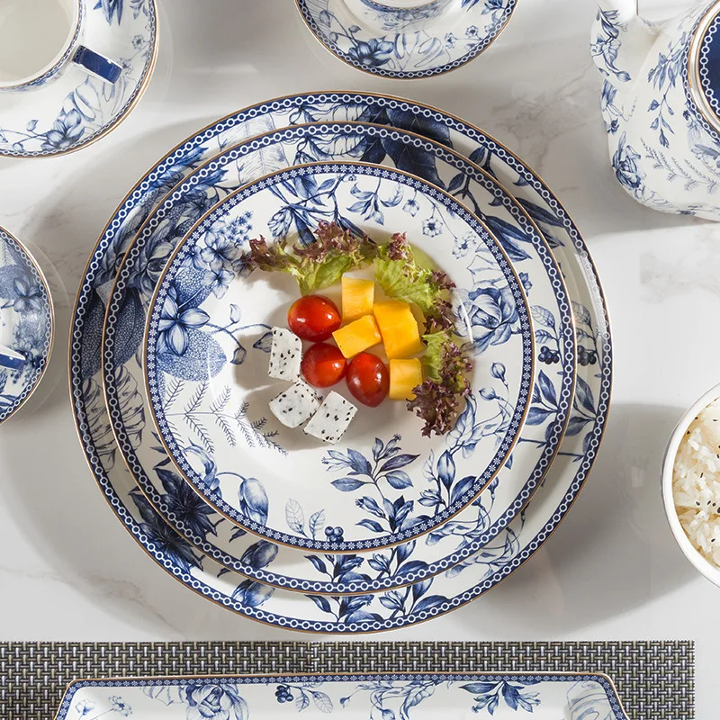Hot Selling 2022 Ceramic Tableware Set Restaurant Serving Dish Blue And White Dinning Plate For Wedding Party