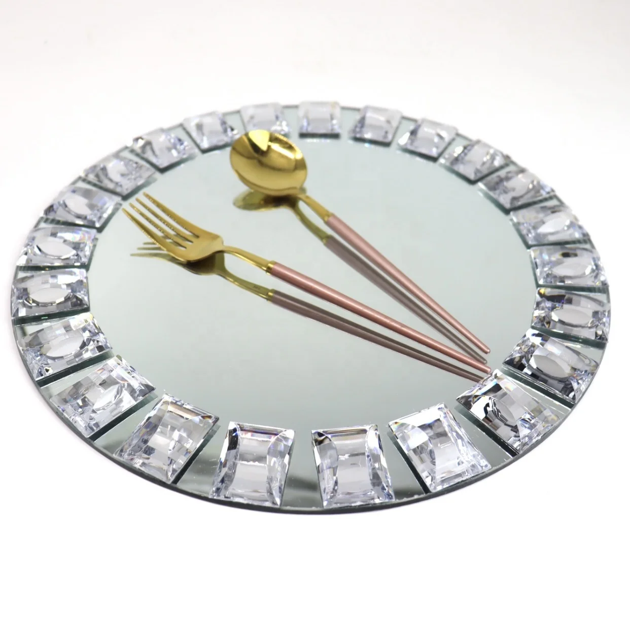 13-Inch round Mirror Crystal Charger Dishes with Diamond Beaded Rim Silver Glass Plates for Wedding Party for Home Use