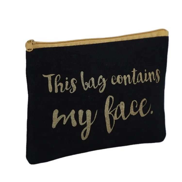 custom gold printing canvas makeup bag with zipper