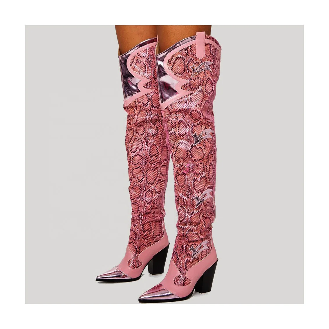 women pink cotton mesh fabric with snake print leather chunky heel thigh high boots