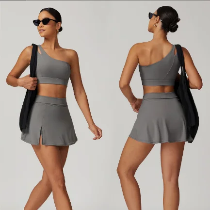 6358 Oblique One-shoulder Bra Yoga Vest Anti-exposure Skirt Quick-drying Beautiful Back Fitness Outdoor Running Sports Suit