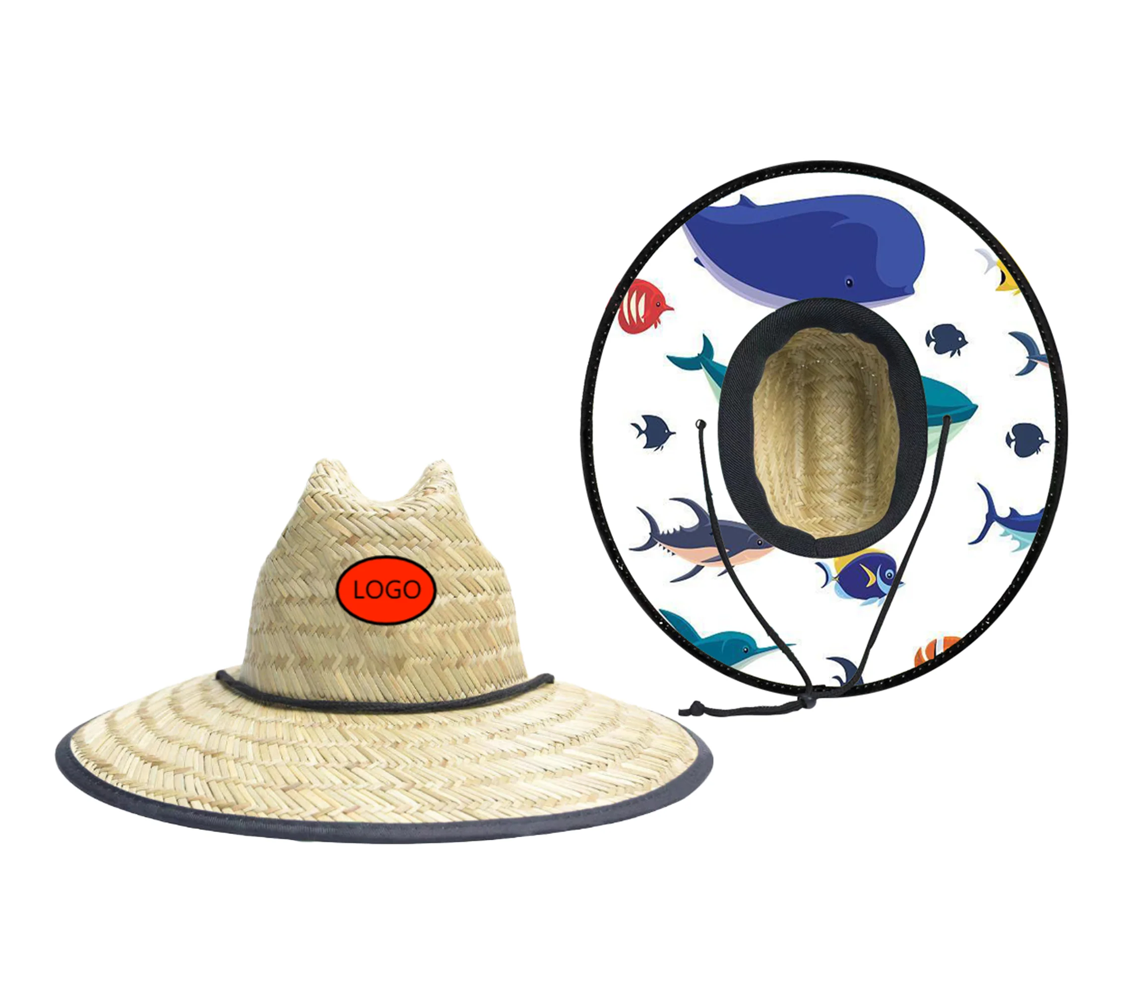 Custom Natural Grass Checkered Racing Flag Uv Protection Kid Lifeguard Safari Surfing Beach Children Straw Hat