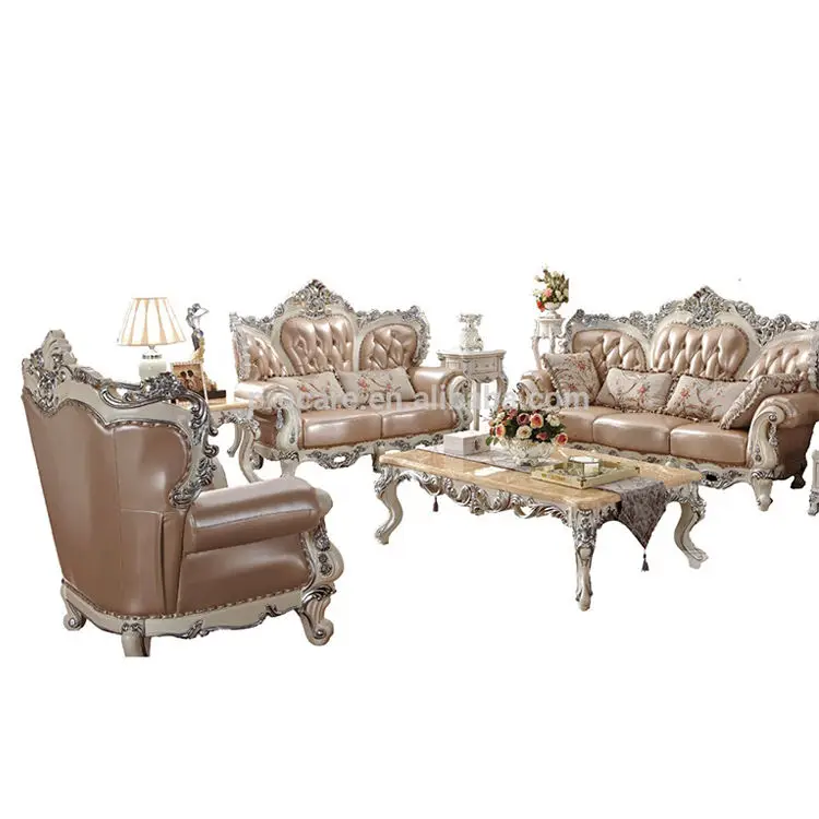 European Luxury French Baroque Style Royal Living Room Furniture Set Golden Sofas Palace Wooden Hand Carved Leather Sofa Set