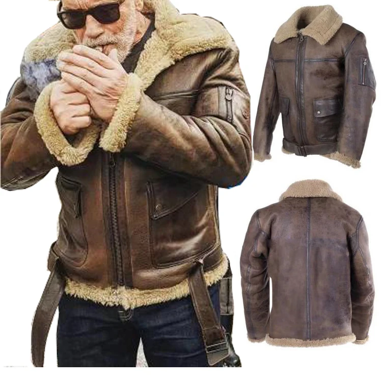 Hot Selling  Warm Sheepskin Filling  Men Winter Biker Style Vintage Fur Jacket Clothing Aviator Plus Size Leather Jacket