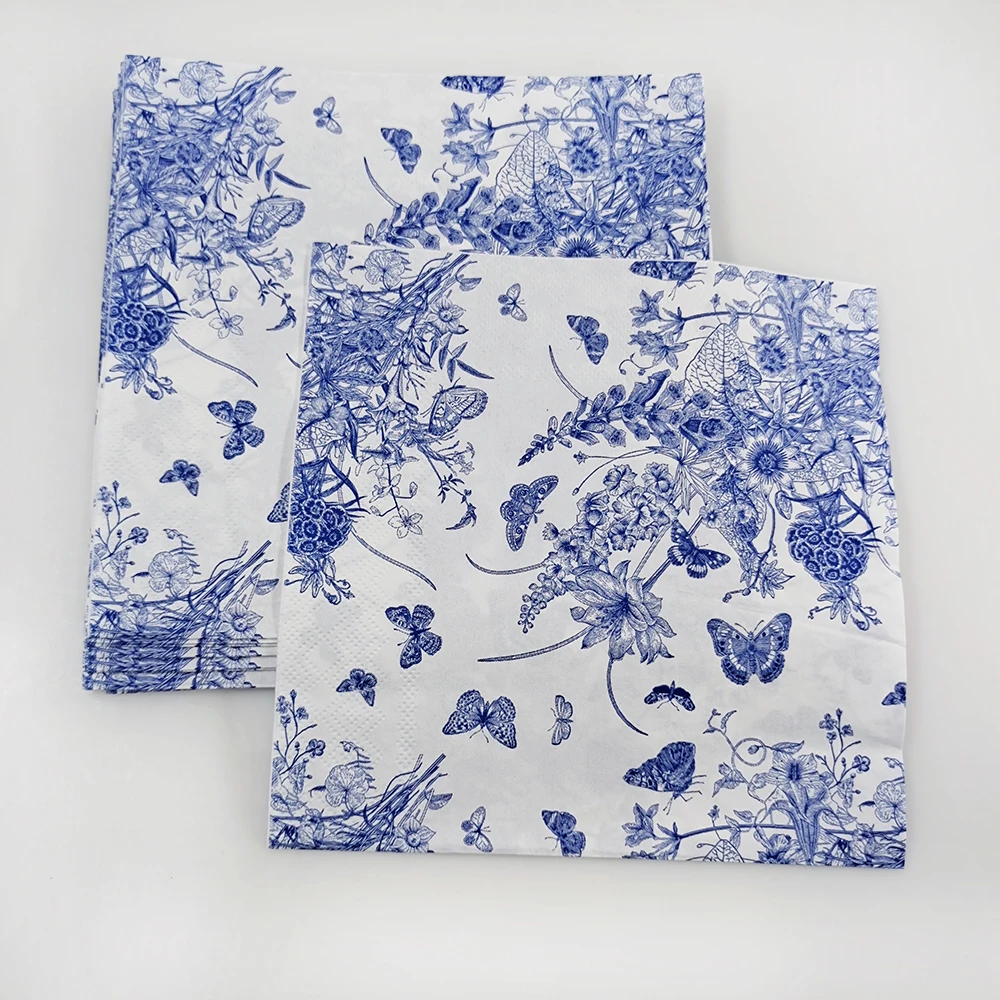 Wholesale printed tissue paper disposable napkins 33*33 CM blue butterfly pattern paper napkin high grad table napkin