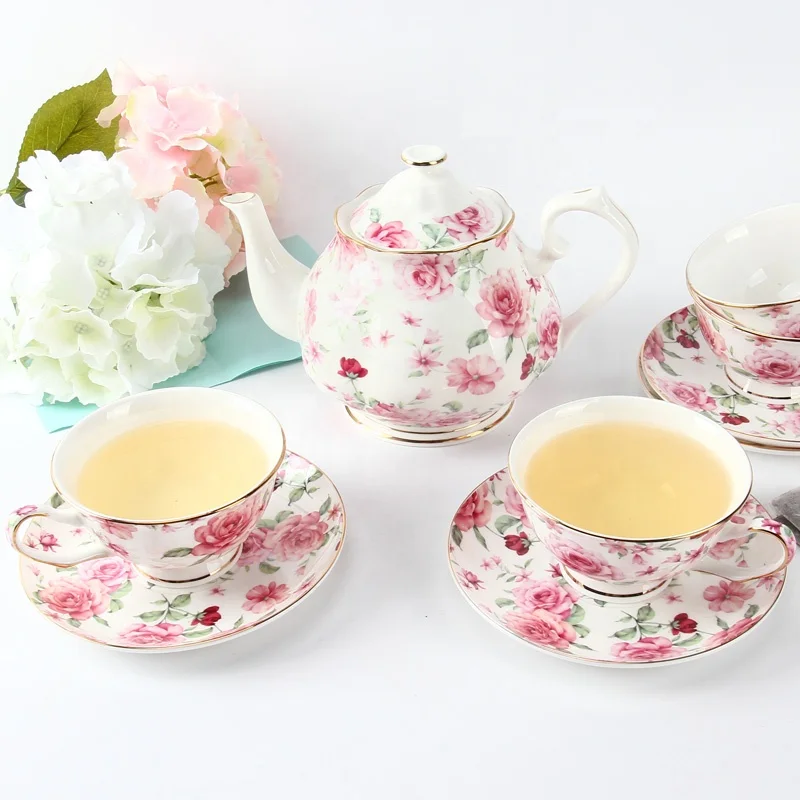 English Style Bonechina Red Rose Design 1000ml Family Coffee Tea Pot and Cup Set