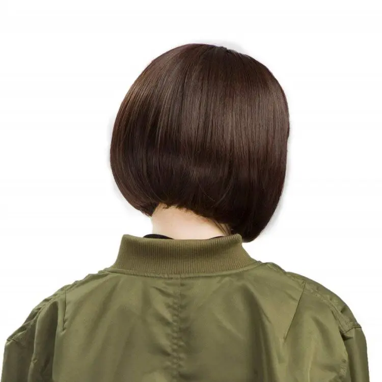 Fashion Style Bobo Head Mid-length Straight Hair with Bangs Fully Machined Women Wigs Synthetic Headgear