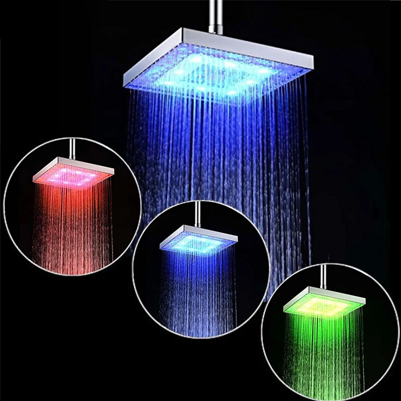 8 inch plastic led sensitive temperature control rain shower head with 3 color  Changing led lights