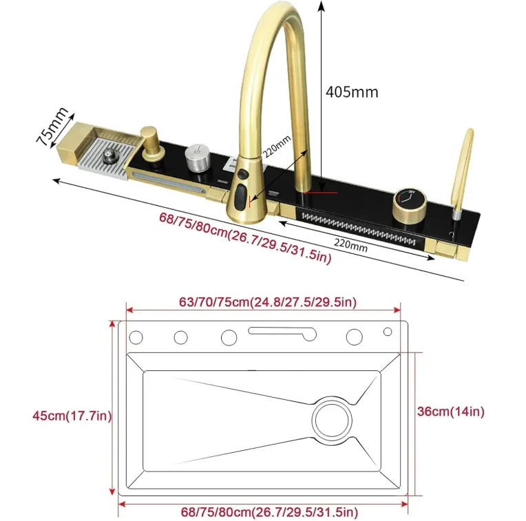 Gold SUS smart kitchen sink stainless steel hand made nano kitchen sink waterfall kitchen sink with digital display