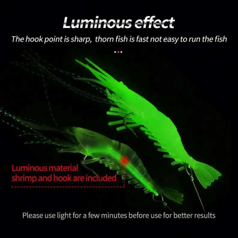Fishing Lure Built-In Hook Luminous Bait Shrimp Kit Noctilucent Luminous Shrimp Silicon Soft Artificial Bait Hooks Swivel Sabiki