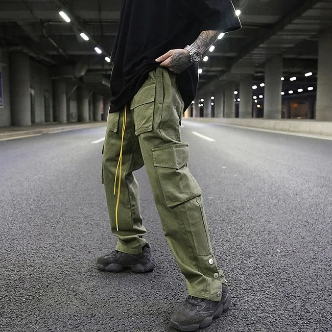 
stock multi pockets washed distressed trousers men plain color elastic drawstring cargo pants side button casual wear custom 