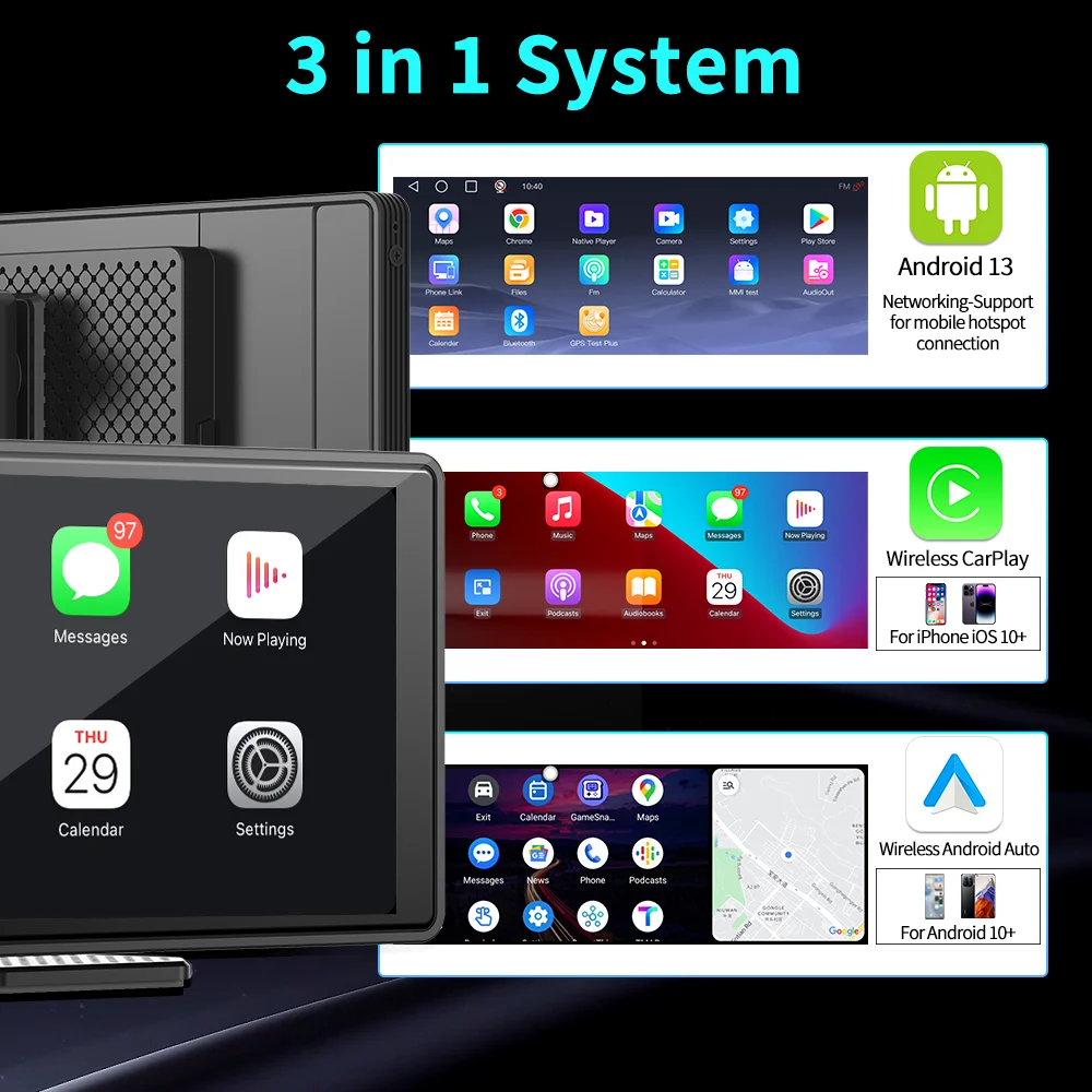 10.26 Inch Android 13 Dashboard Dash Cam Wireless CarPlay & Android Auto Mirror Link Car Stereo WiFi GPS BT FM Voice Car DVR