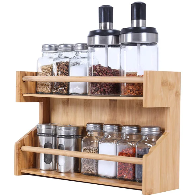 China Wholesale Custom Bamboo Spice Rack Adjustable Expandable Wall Mounted Spice Rack 2-tier Wooden Spice Organizer Shelf