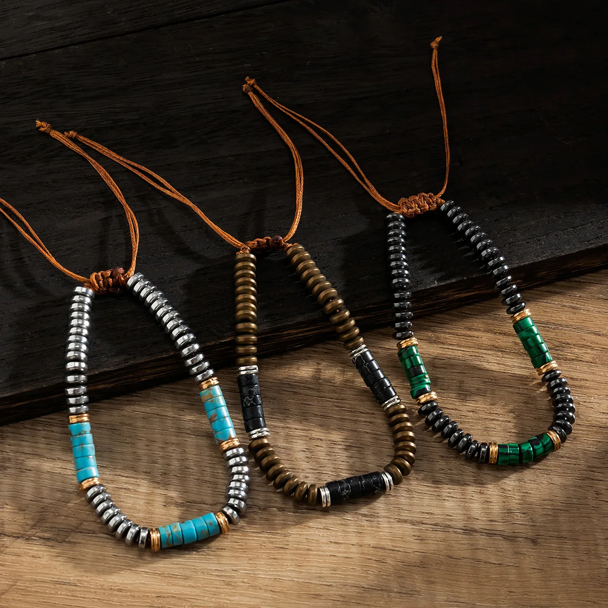 Fashion Statement Hip Hop Men Handmade Woven Adjustable Flat Round Spacer Beads Hematite Turquoise Stone Beaded Bracelet for Man