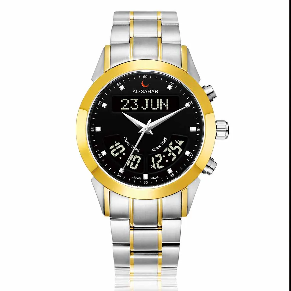 Islamic Prayer Wristwatch Azan Watch Muslim Clock with Qibla Compass Athan Time Hijri Calendar Adhan Alarm