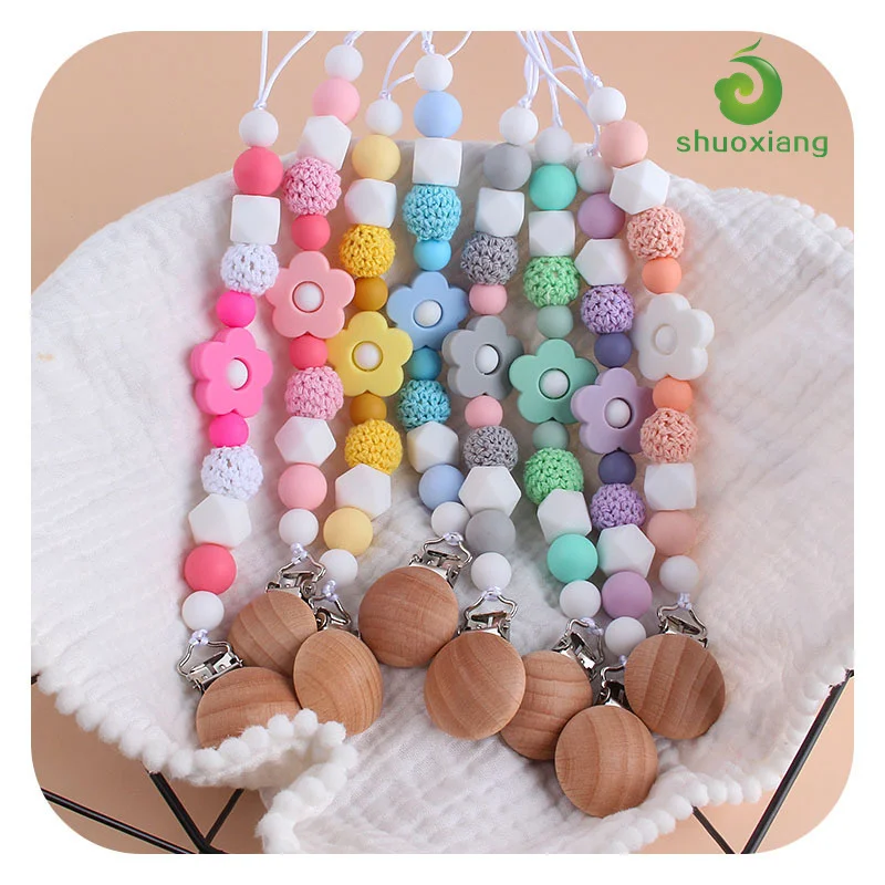 
Handmade Flowers Wood Pacifier Clip Chain For Baby With Silicone Beads Silicone Teething Beads Baby Dummy Clip Holder Case 