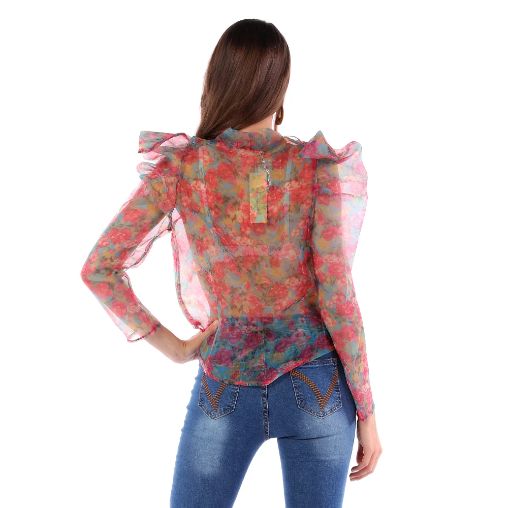 2020 Organza New Blouse Butterfly Puff Sleeve Blouse Sexy See through Fashion Lady Blouse
