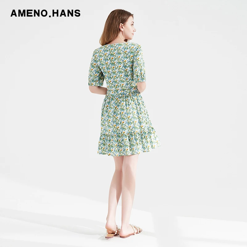 2022 new design green Ladies Korean Smart Casual Dress sweet print dresses