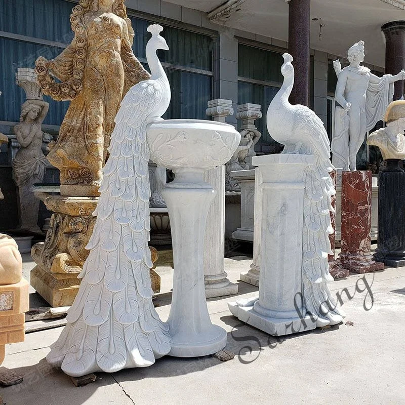 white natural hand carved marble peacock stone sculpture statue