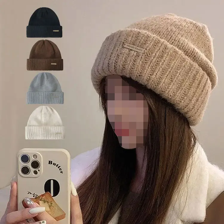 Свободная плотная модная забавная женская теплая вязаная шапка с логотипом на заказ шерстяная Милая зимняя женская шапка облегающая шапка