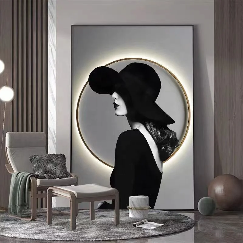Light Luxury Living Room Porch Wall Large Hanging Painting Floor Painting LED Lights With Girl Characters Canvas Painting