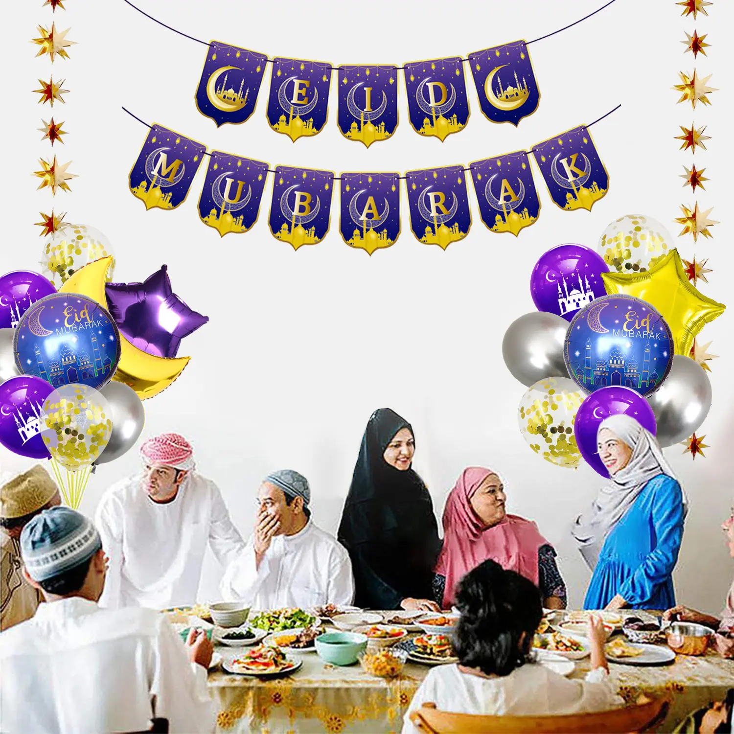 Ramadan Eid Mubarak Paper Banner Letter Balloons Ramadan Light Decoration Moon Star Spiral Hanging Decoration