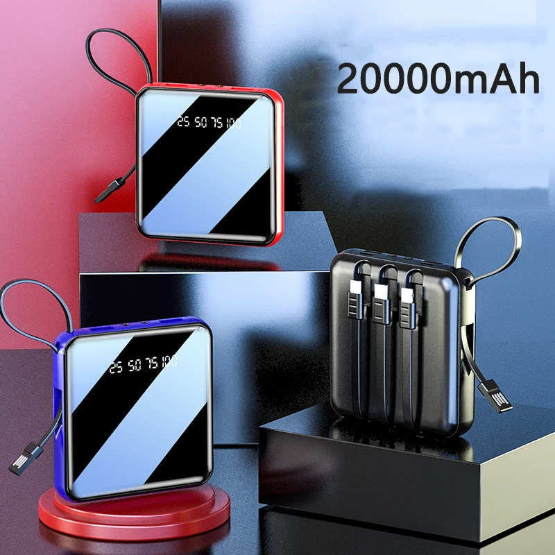 Мини Внешний аккумулятор 20000 мАч USB Type C внешний встроенный кабель для мобильного телефона