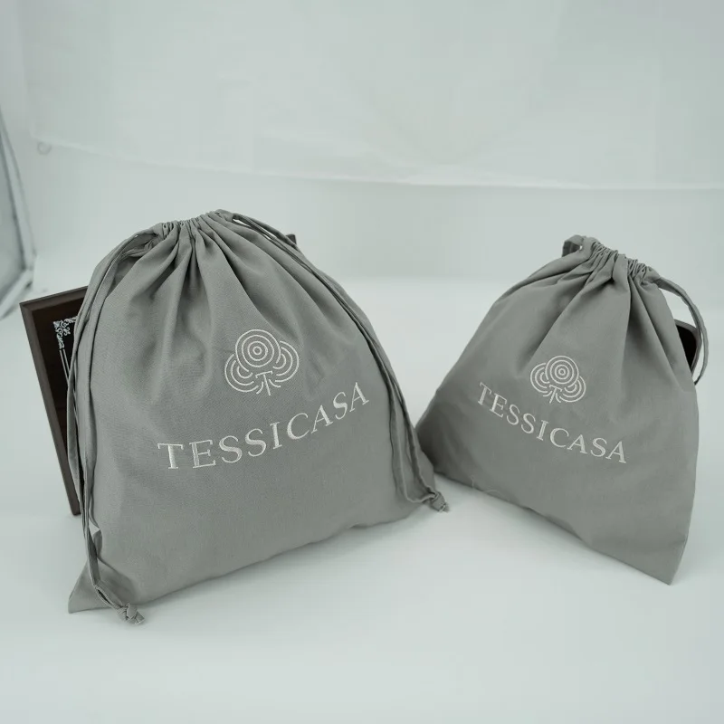 Eco Friendly Custom Logo Printed Soft Upscale Material Grey Cotton Linen Drawstring Gift Bag Dust Bag With Embroidery