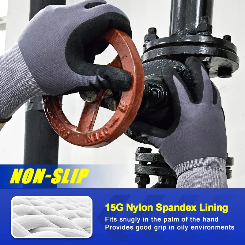 LQS Wholesales Anti Slip Flex 15G Nylon Spandex Gloves Sandy Nitrile Work Safety Gloves for Construction