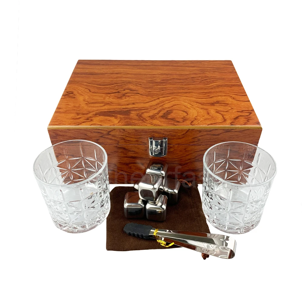 Lower MOQ Stainless Steel Whiskey Cooling Ice Cube Stones And Glass Wooden Box Gift Set Have With 2 Glasses Metal Whiskey Stones
