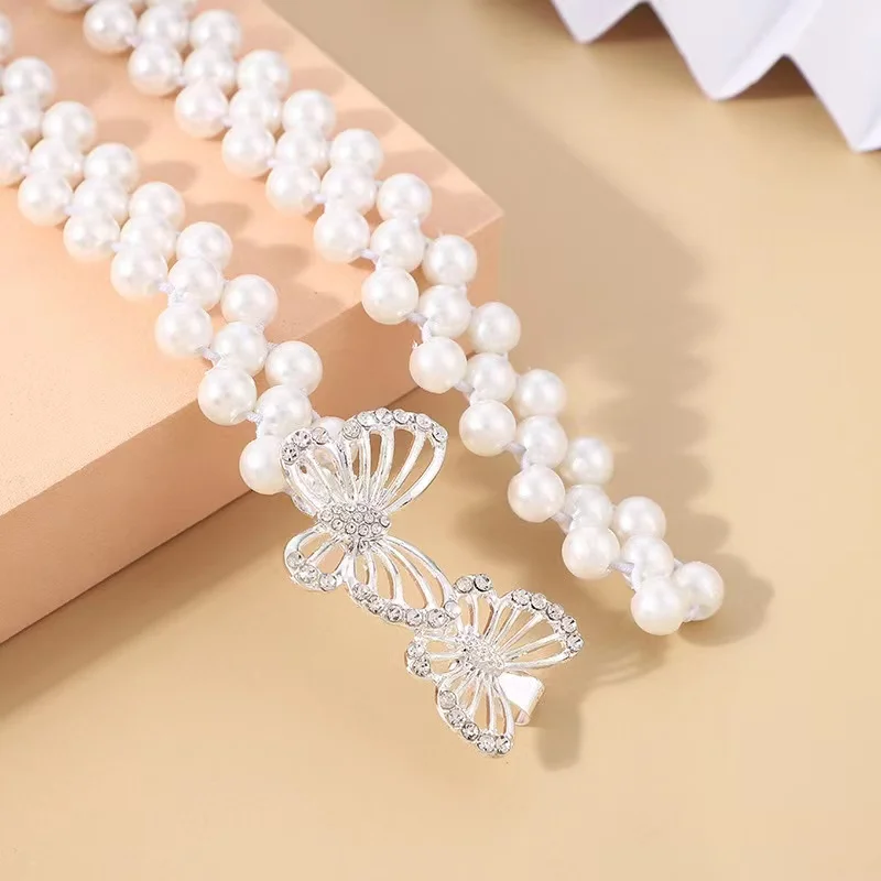 Explosive pearl woven thin belt popular with skirt butterfly pearl waist chain women