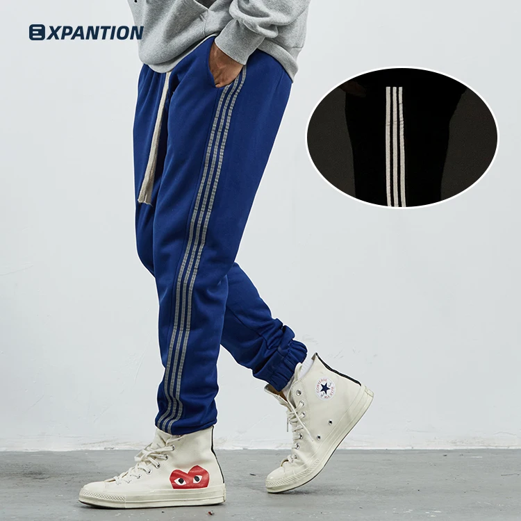 Wholesale blank streetwear men jogger sweatpants fashion stripe blue sports jogger pants 3M reflect tapes fast sample low MOQ