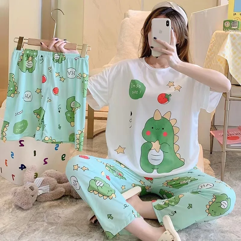 Tik Tok live spring/summer milk silk short-sleeved pajamas cartoon thin three-piece home wear pajamas casual Korean version set