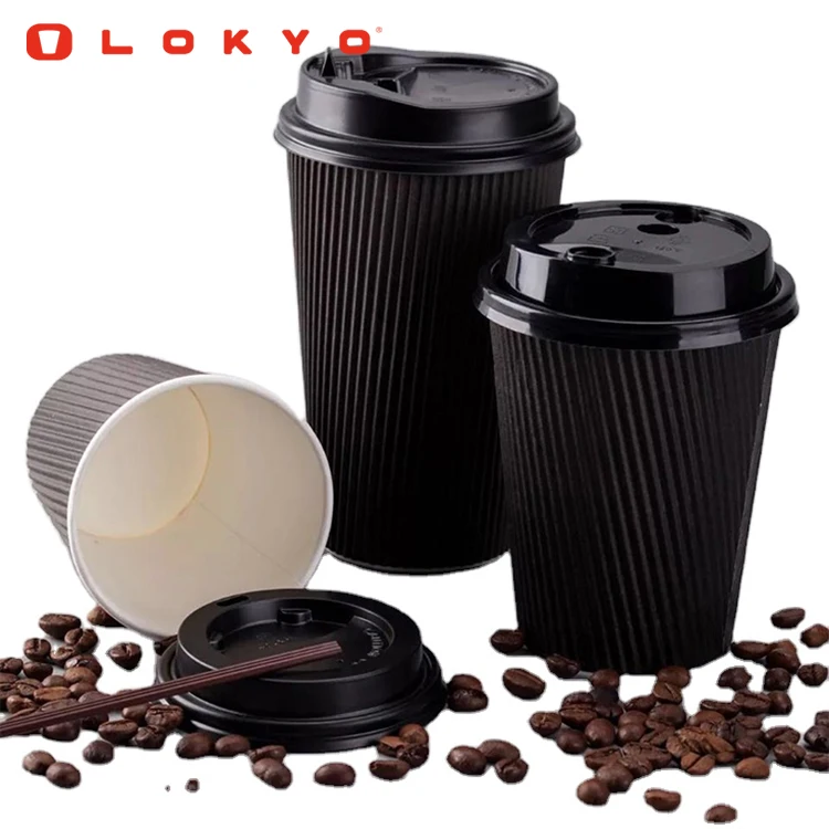 LOKYO Biodegradable custom 8oz takeaway hot drink ripple double wall paper cups disposable black coffee cups