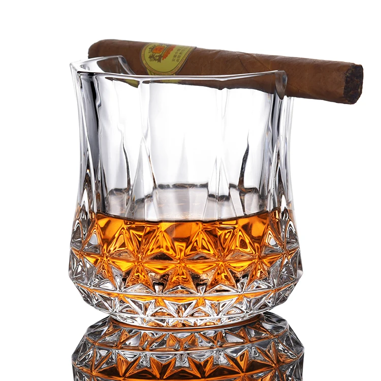Free Sample Elegant Crystal Diamond Shape Round Whiskey Tasting Glasses Cup With Cigar Holder For Bourbon Whiskey