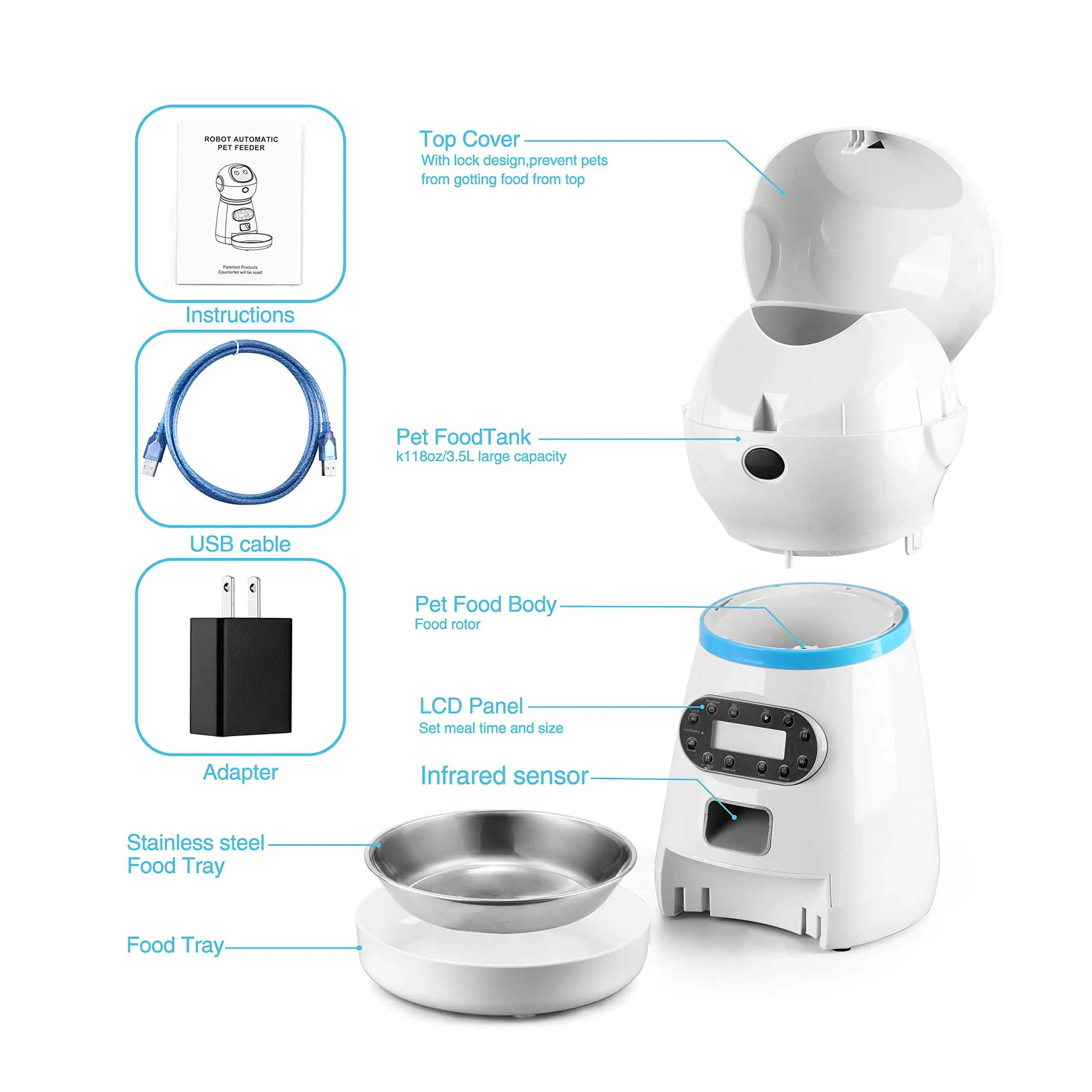 Hot Selling 3.5L Automatic Pet Feeder Robot Design Voice Record Dog Cat Pet Bowls Smart Pet Feeder