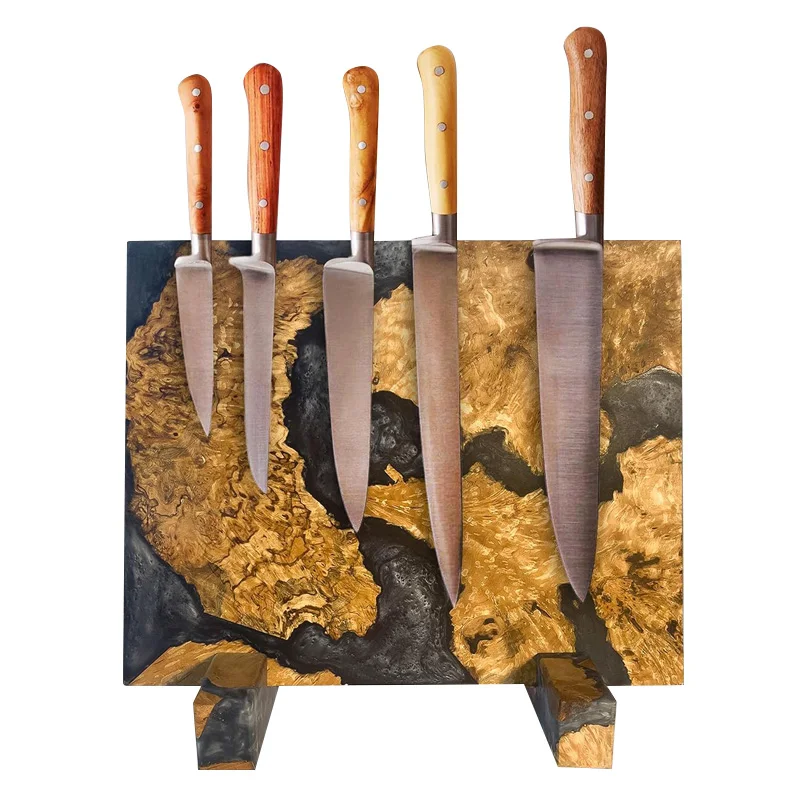 Natural Wood Blend Large Magnetic Knife Block Universal Epoxy Resin Wooden Magnetic Knife Holder Knives Storage Rack