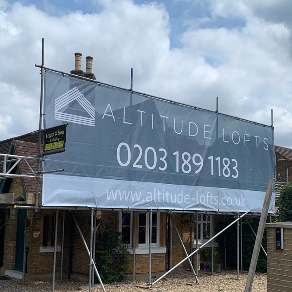 Custom Commercial Grade Scaffold Mesh Banner with Double-Stitched Seam Digital Printing Insurance Metal Grommets Building Wrap