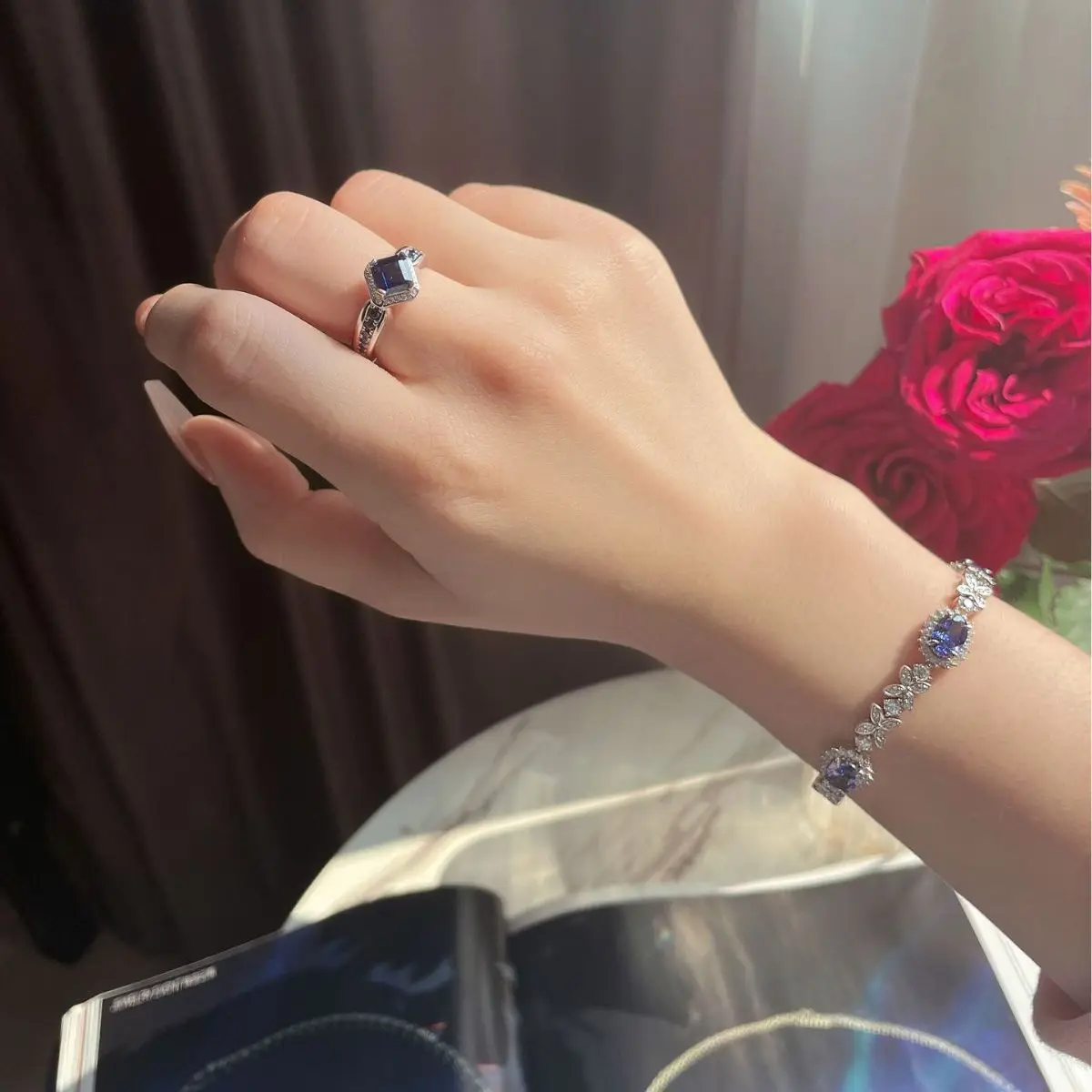 Fine Jewelry Rings 925 Sterling Silver Asscher Cut 6*6MM Cubic Zirconia Sapphire Ring