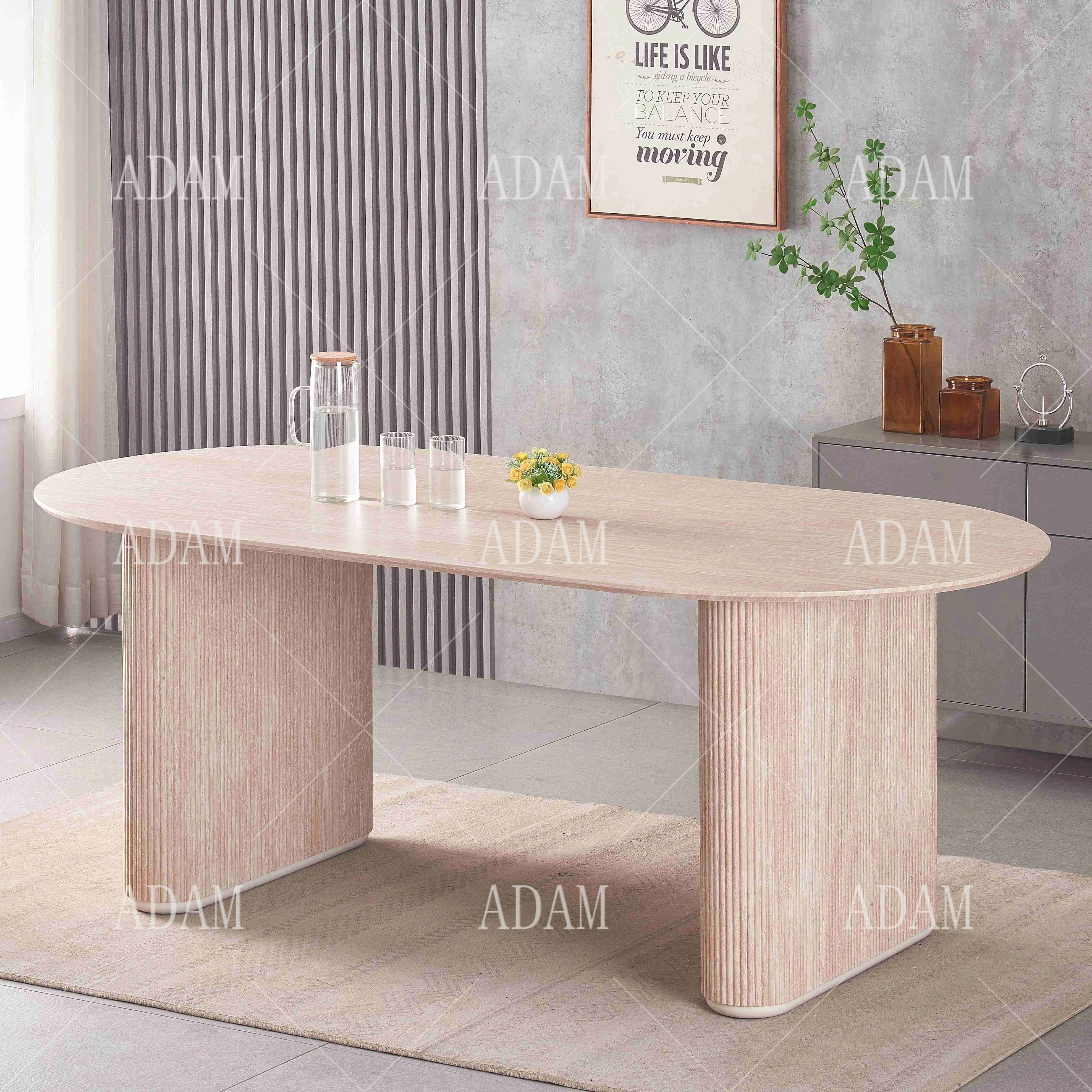 oval base two legs Travertine MDF Stone Marble Dining Table for Dining Room
