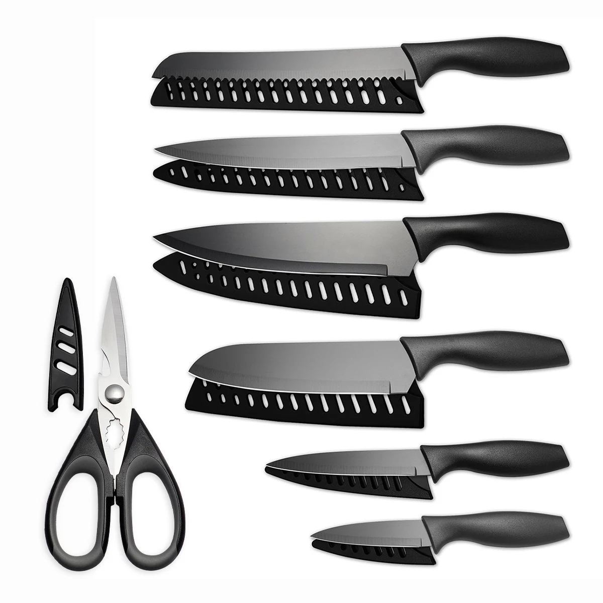 Wholesale 7 pcs Black Chef Knife Kitchen Shear Stainless Steel Kitchen Scissors Kitchen Knife Set With Plastic Cover