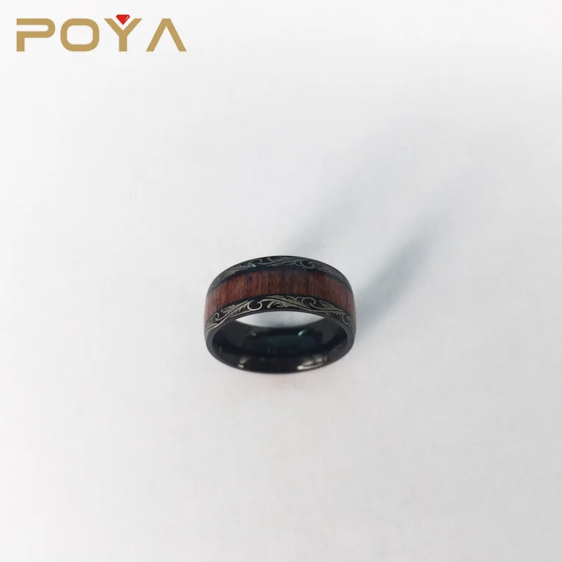 POYA 8mm Black Titanium Ring Koa Wood Inlay Dome Edge Comfort Fit Wedding Band