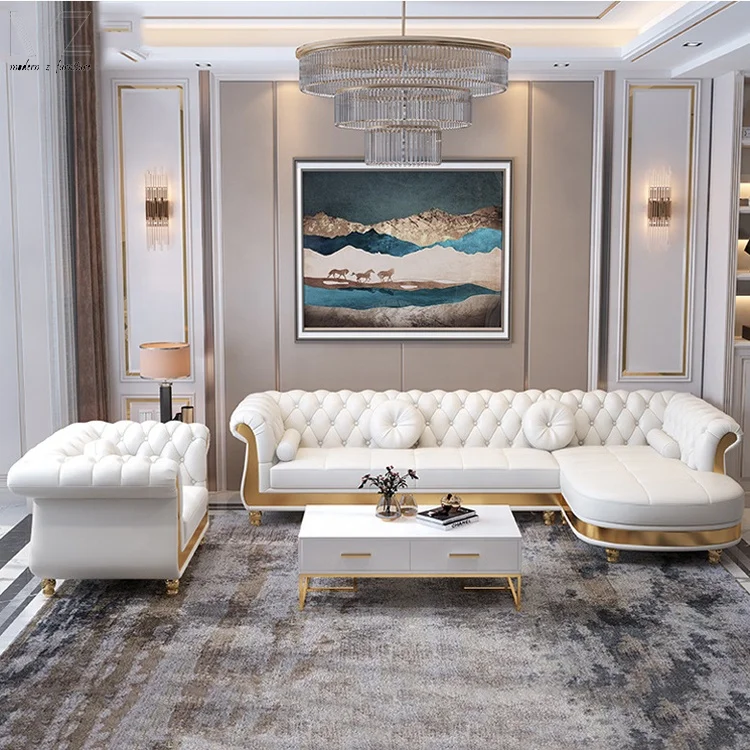 Hotel Single 3 4 Seater Modern Pu Leather L Shape Sectional Chesterfield Sofa Set Living Room Furniture For Home Luxury